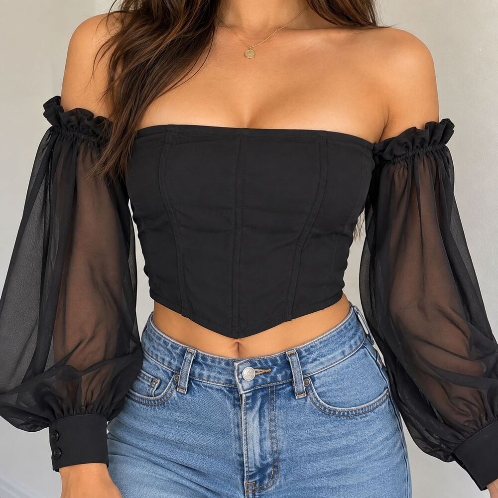 Better Be Black Corset Top Size Large Sheer Balloon Sleeve Off Shoulder Zip